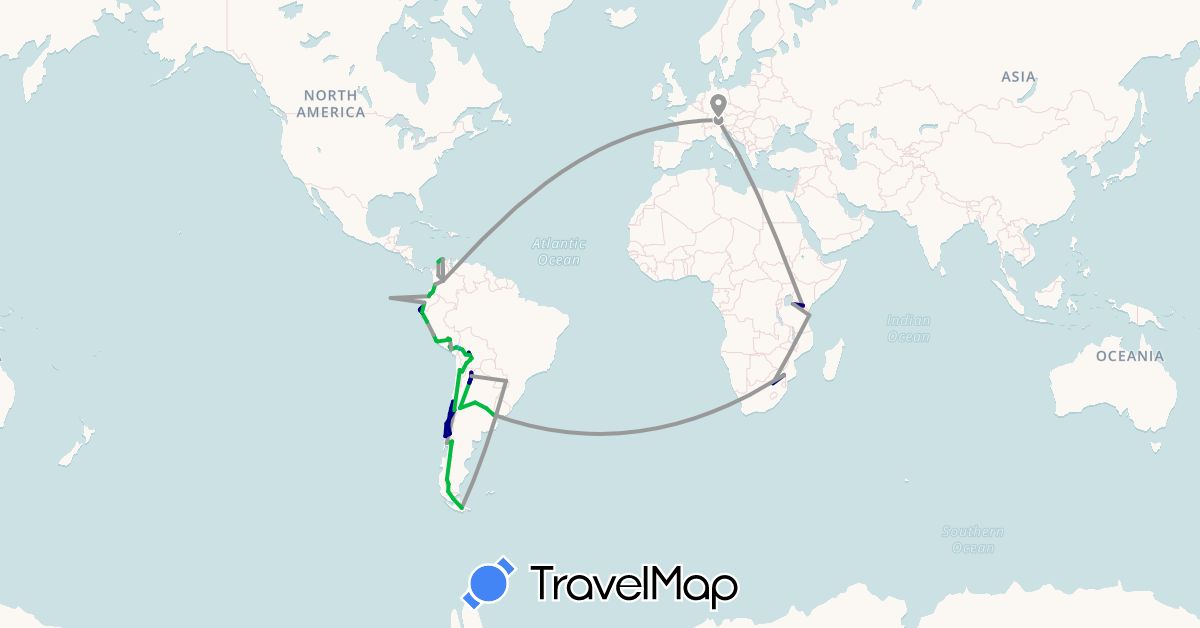 TravelMap itinerary: driving, bus, plane, train, hiking, boat in Argentina, Bolivia, Brazil, Chile, Colombia, Germany, Ecuador, Peru, Tanzania, South Africa (Africa, Europe, South America)